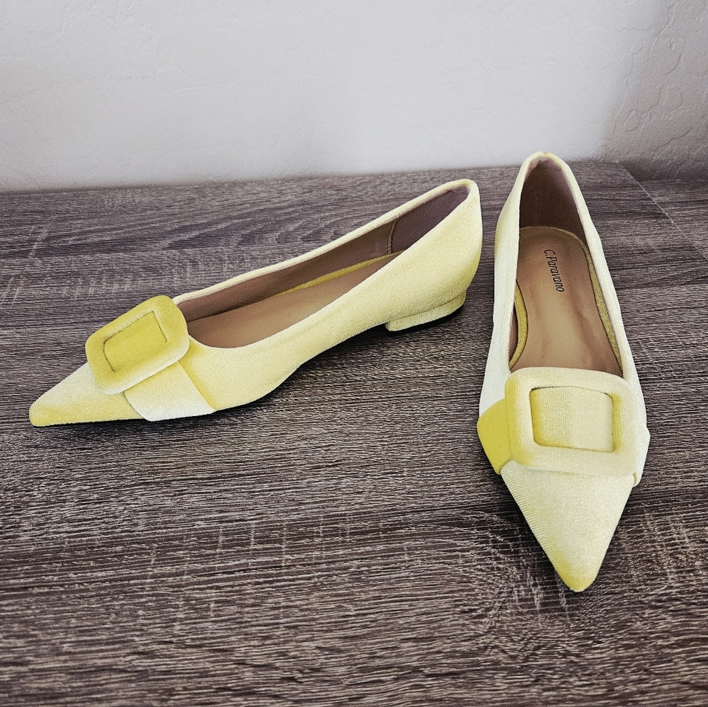 C.Paravano Yellow Buckle Velvet Flats Aida Sz 37.5 Balletcore Artsy Steamcore